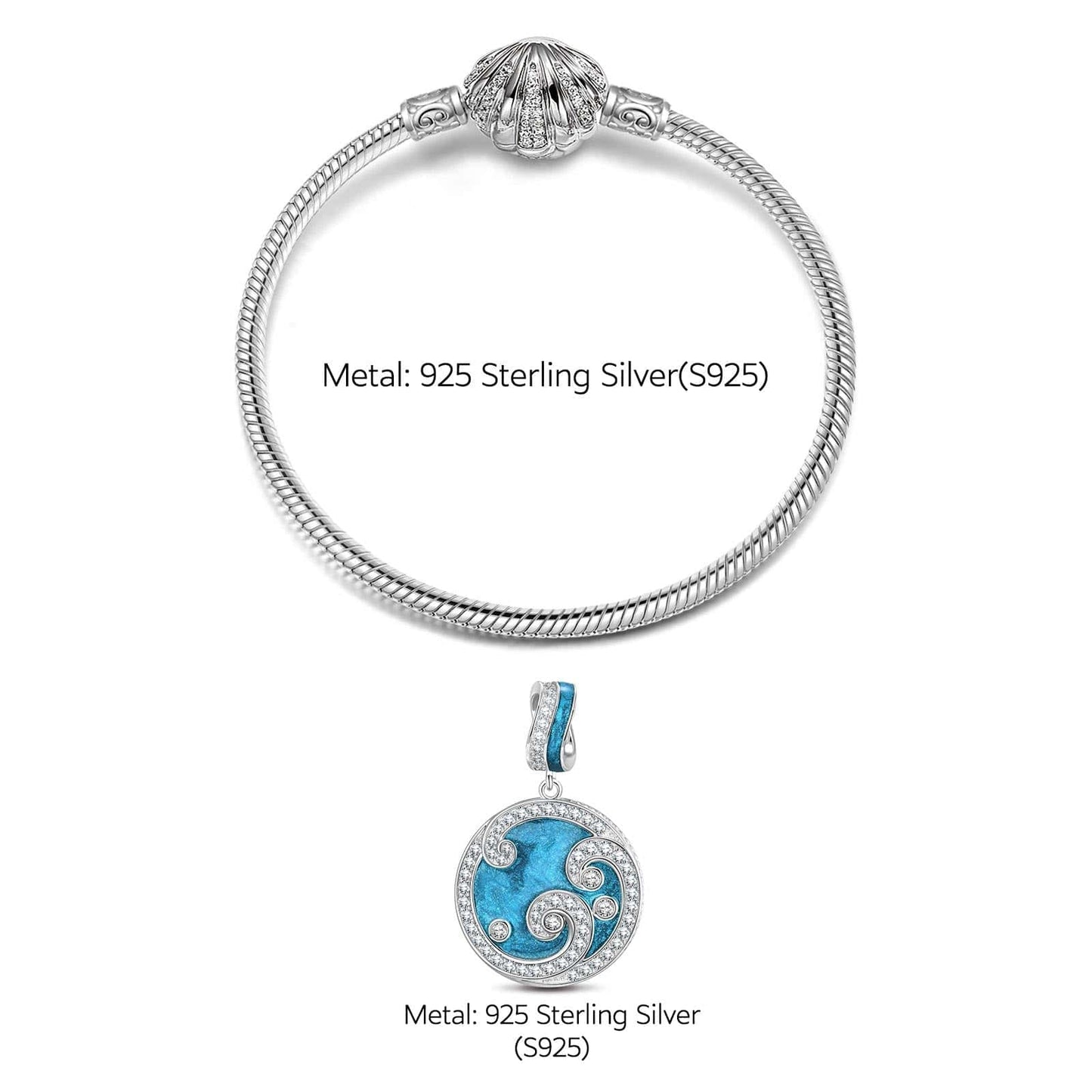 Sterling Silver Ocean Waves Charms Bracelet Set With Enamel In White Gold Plated (Includes bracelet and all charms shown)
