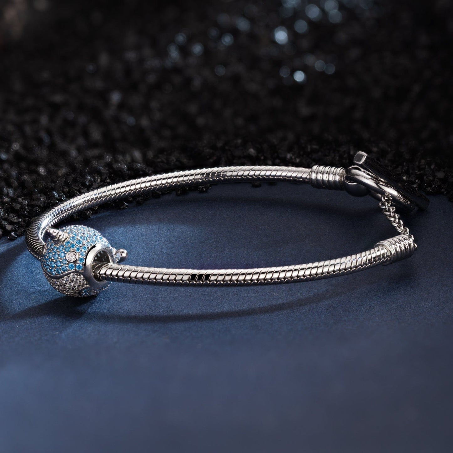 Sterling Silver Narwhal Charms Bracelet Set In White Gold Plated (Includes bracelet and all charms shown)