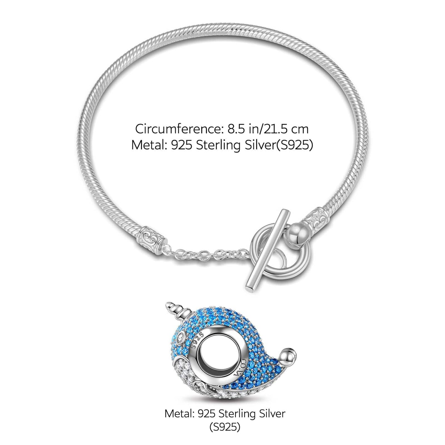 Sterling Silver Narwhal Charms Bracelet Set In White Gold Plated (Includes bracelet and all charms shown)