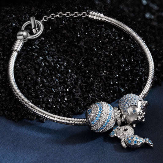 gon- Sterling Silver Mermaid Bear Penguin Charms Bracelet Set In White Gold Plated