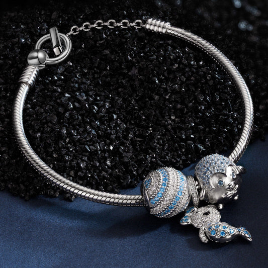 gon- Sterling Silver Mermaid Bear Penguin Charms Bracelet Set In White Gold Plated (Includes bracelet and all charms shown)