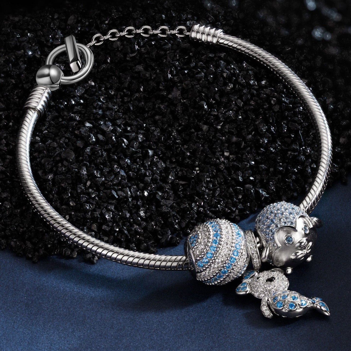 Sterling Silver Mermaid Bear Penguin Charms Bracelet Set In White Gold Plated