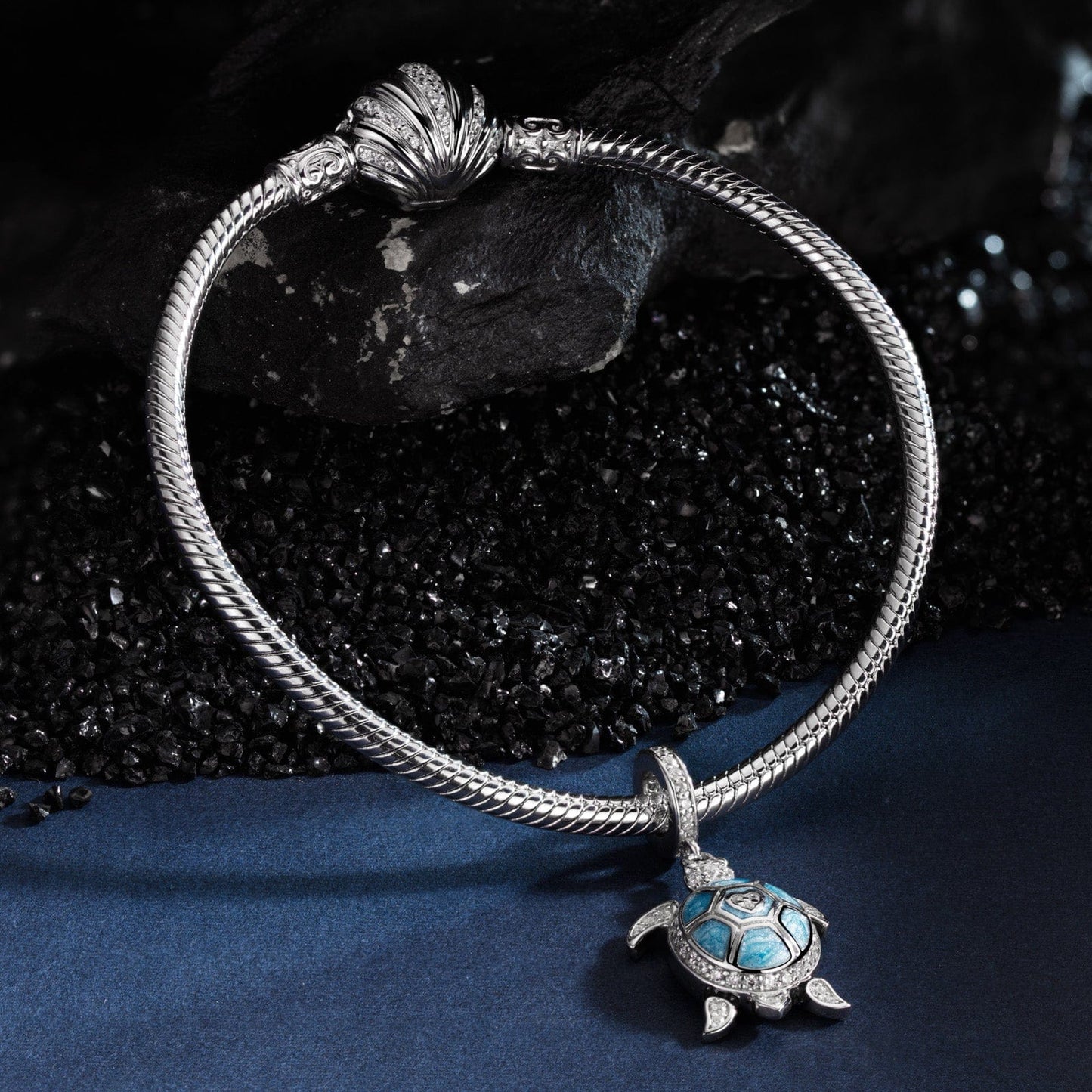 Sterling Silver Roaming Turtles Charms Bracelet Set With Enamel In White Gold Plated (Includes bracelet and all charms shown)