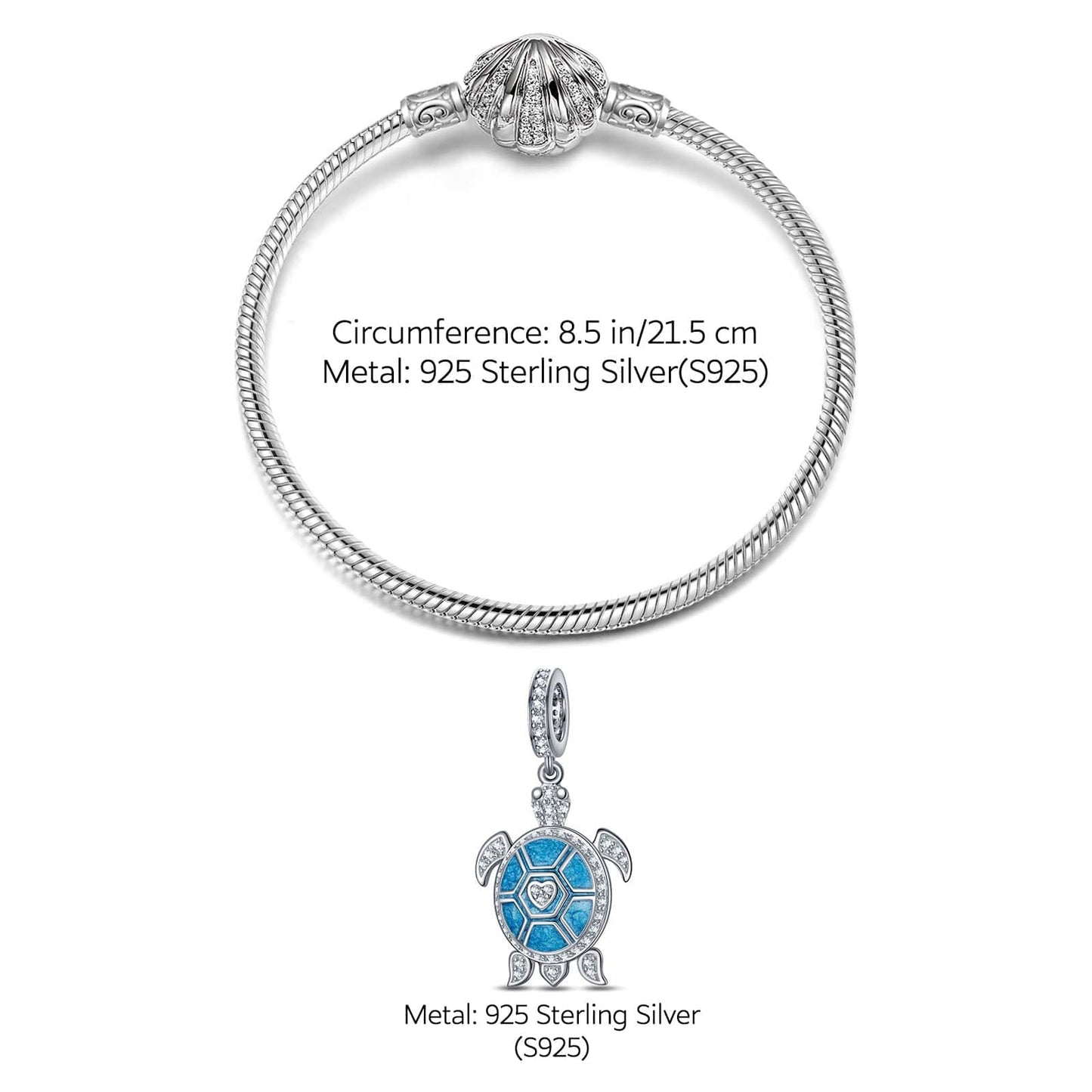 Sterling Silver Roaming Turtles Charms Bracelet Set With Enamel In White Gold Plated (Includes bracelet and all charms shown)