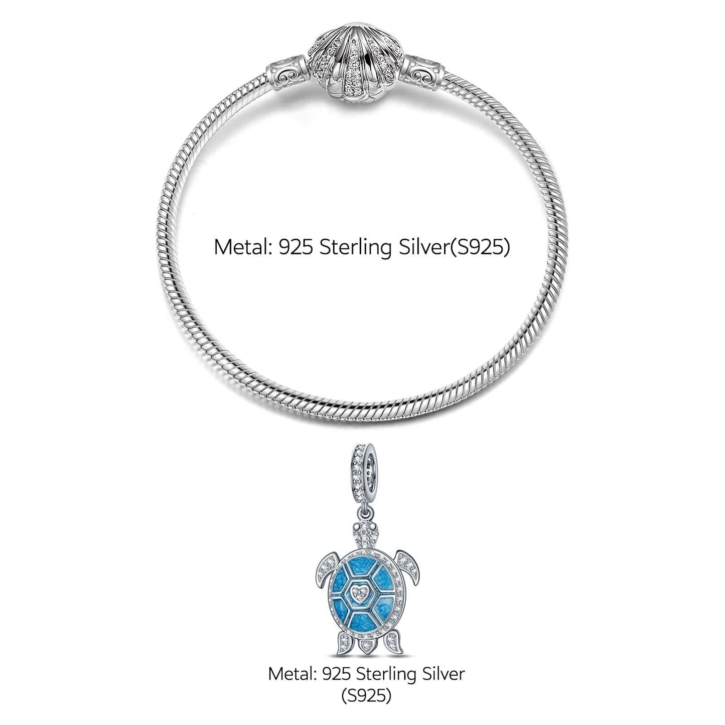 Sterling Silver Roaming Turtles Charms Bracelet Set With Enamel In White Gold Plated (Includes bracelet and all charms shown)