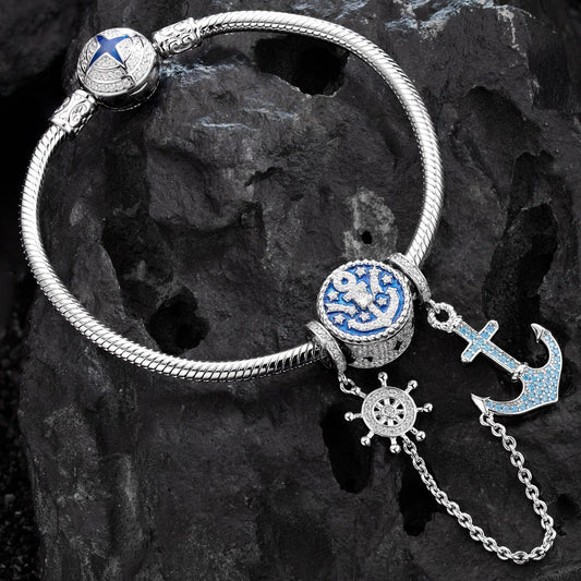 gon- Sterling Silver Navigation Charms Bracelet Set With Enamel In White Gold Plated