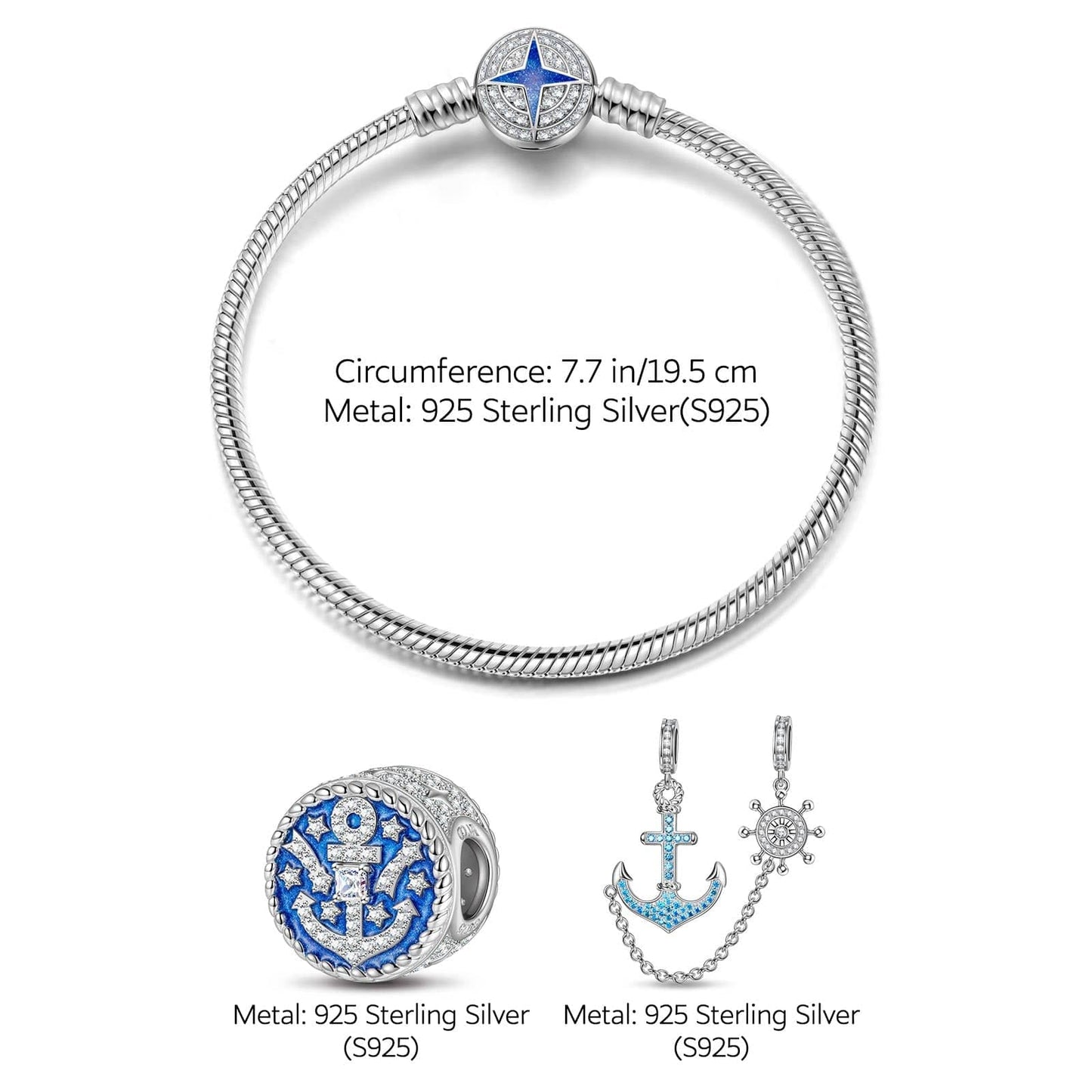 Sterling Silver Navigation Charms Bracelet Set With Enamel In White Gold Plated (Includes bracelet and all charms shown)