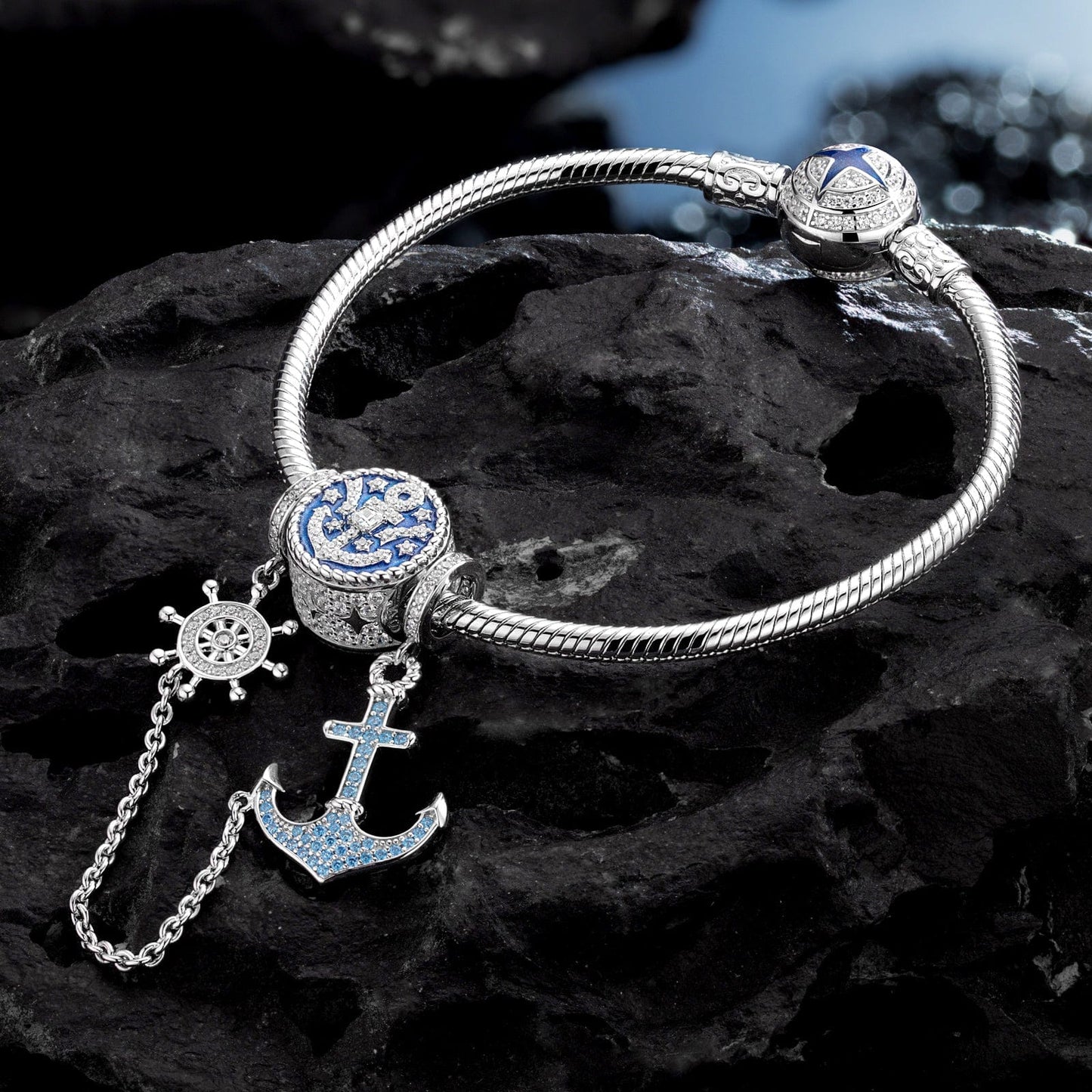 Sterling Silver Navigation Charms Bracelet Set With Enamel In White Gold Plated (Includes bracelet and all charms shown)