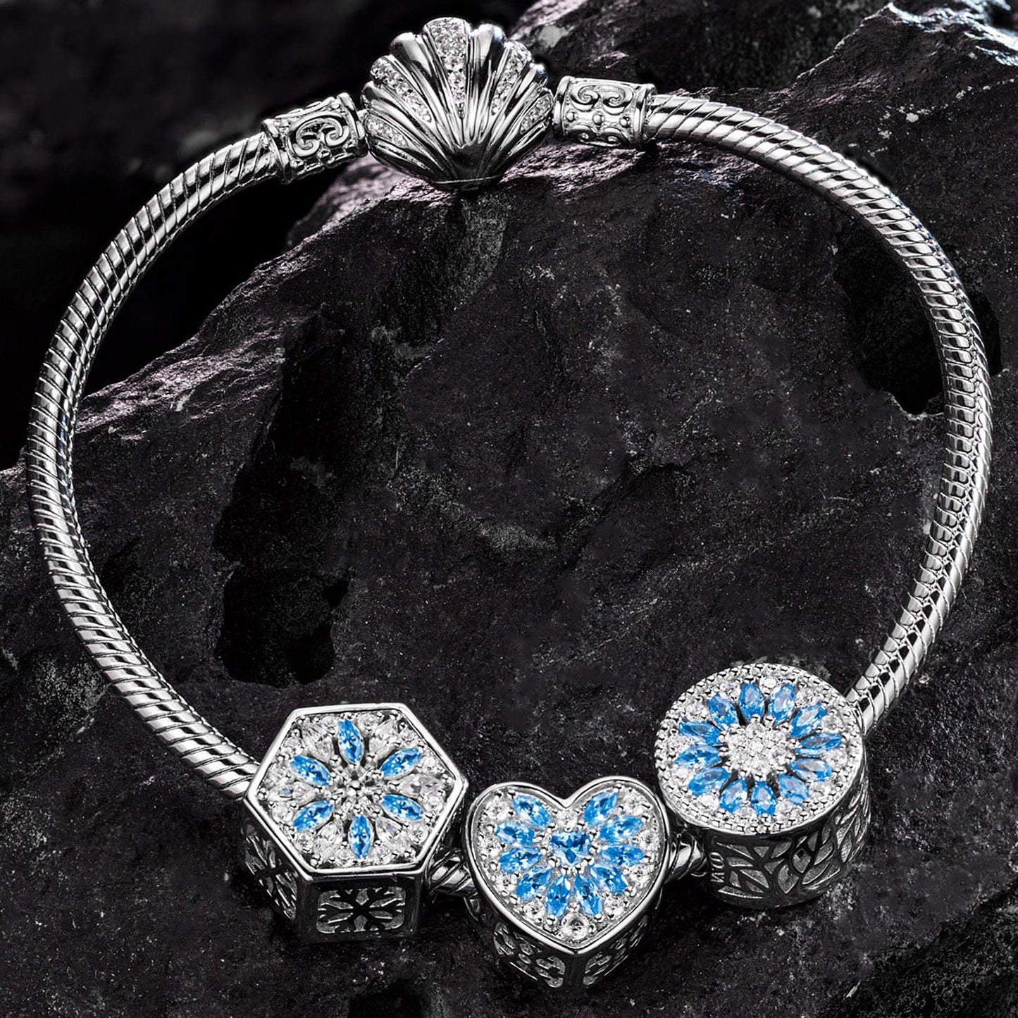 Sterling Silver Blue Ice Crystals Charms Bracelet Set In White Gold Plated (Includes bracelet and all charms shown)