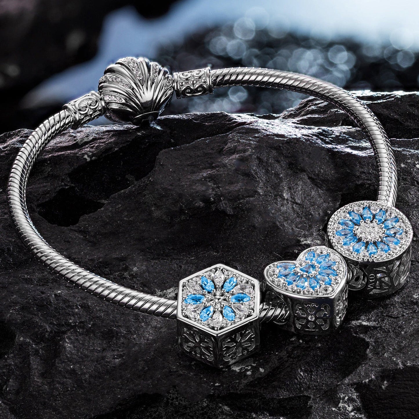 Sterling Silver Blue Ice Crystals Charms Bracelet Set In White Gold Plated