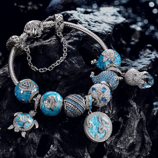 gona- Sterling Silver Deep Sea Family Charms Bracelet Set With Enamel In White Gold Plated (Includes bracelet and all charms shown)