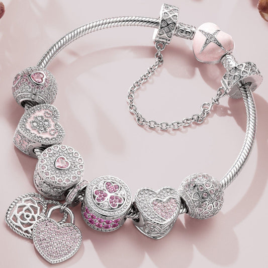 gona- Sterling Silver Secretly Love Charms Bracelet Set With Enamel In White Gold Plated (Includes bracelet and all charms shown)