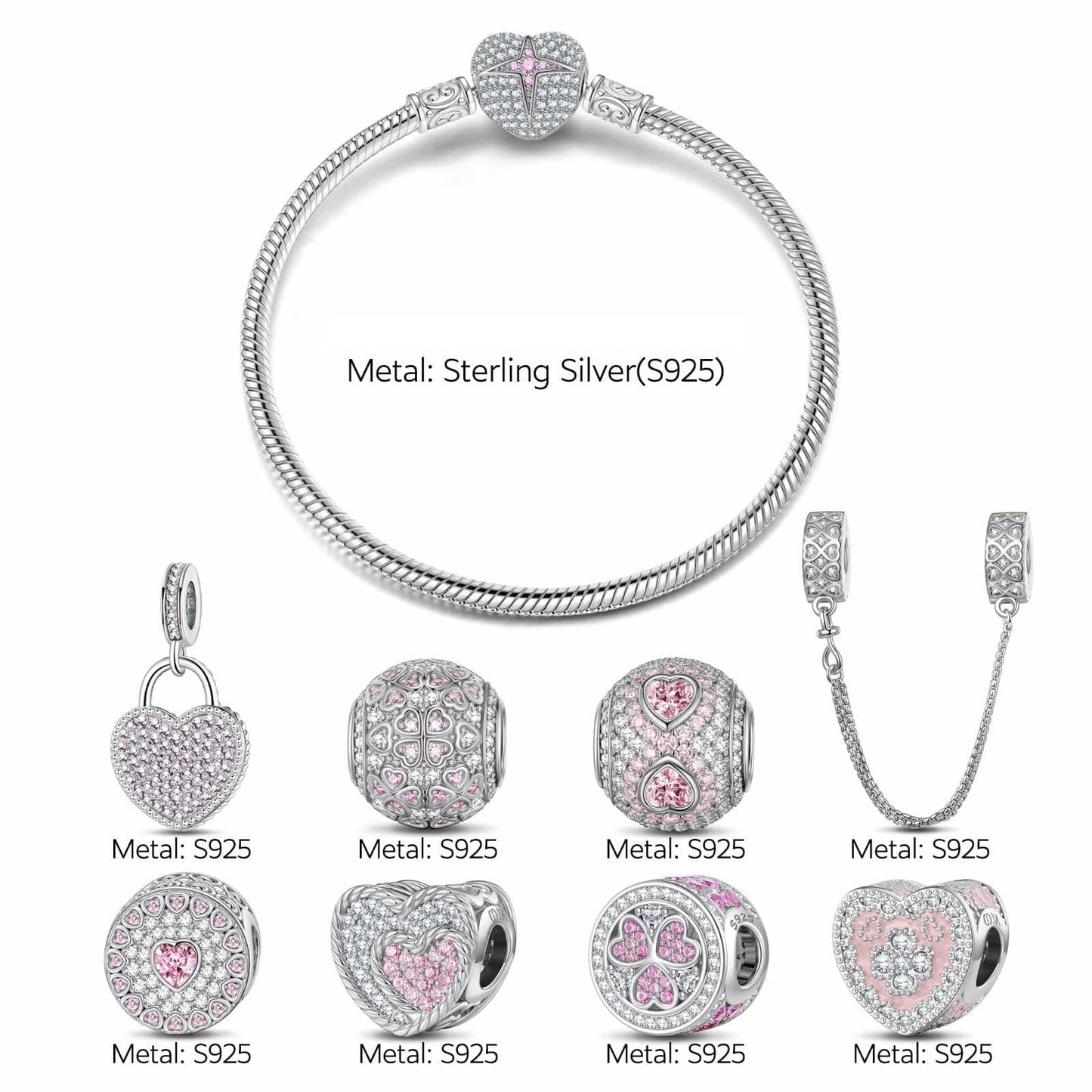 Sterling Silver Secretly Love Charms Bracelet Set With Enamel In White Gold Plated (Includes bracelet and all charms shown)
