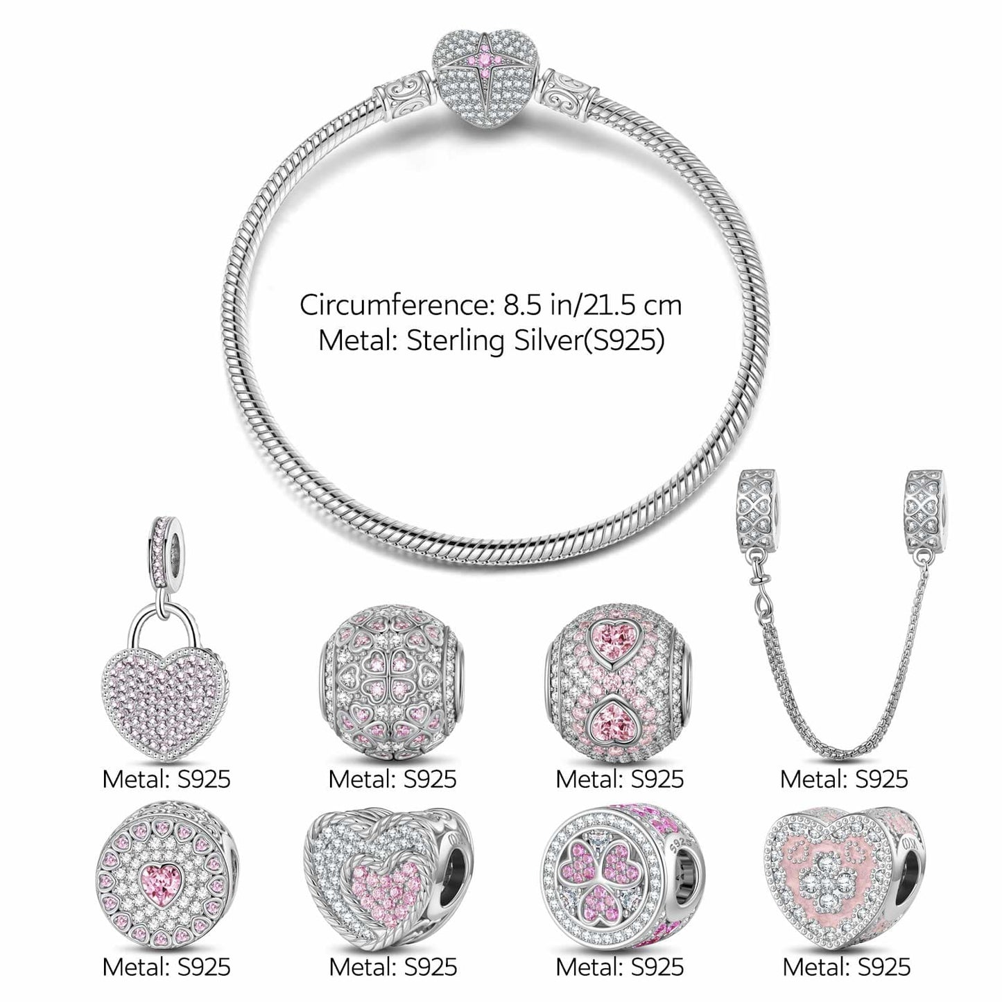 Sterling Silver Secretly Love Charms Bracelet Set With Enamel In White Gold Plated