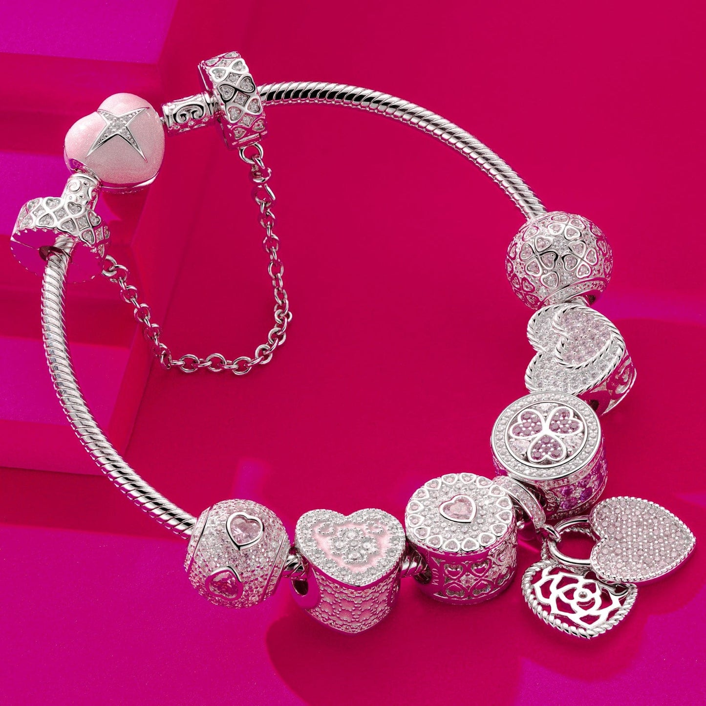 Sterling Silver Secretly Love Charms Bracelet Set With Enamel In White Gold Plated