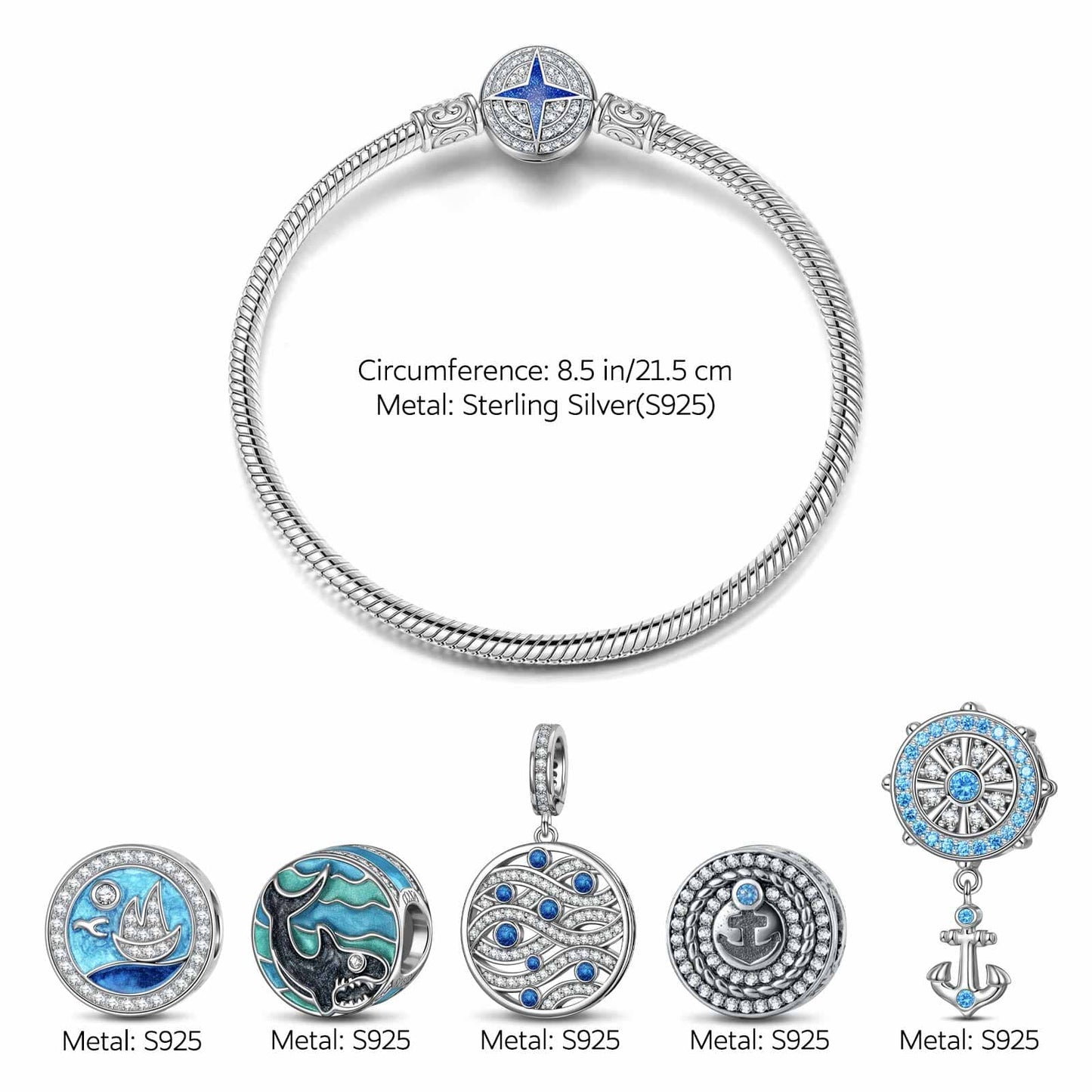 Sterling Silver Island Adventures Charms Bracelet Set With Enamel In White Gold Plated