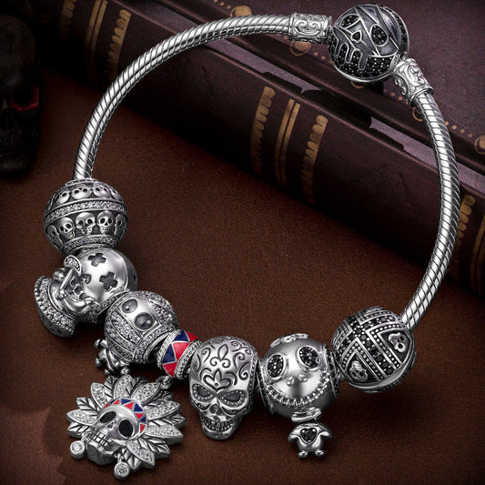 gon- Sterling Silver Skeleton Tribe Charms Bracelet Set With Enamel In White Gold Plated