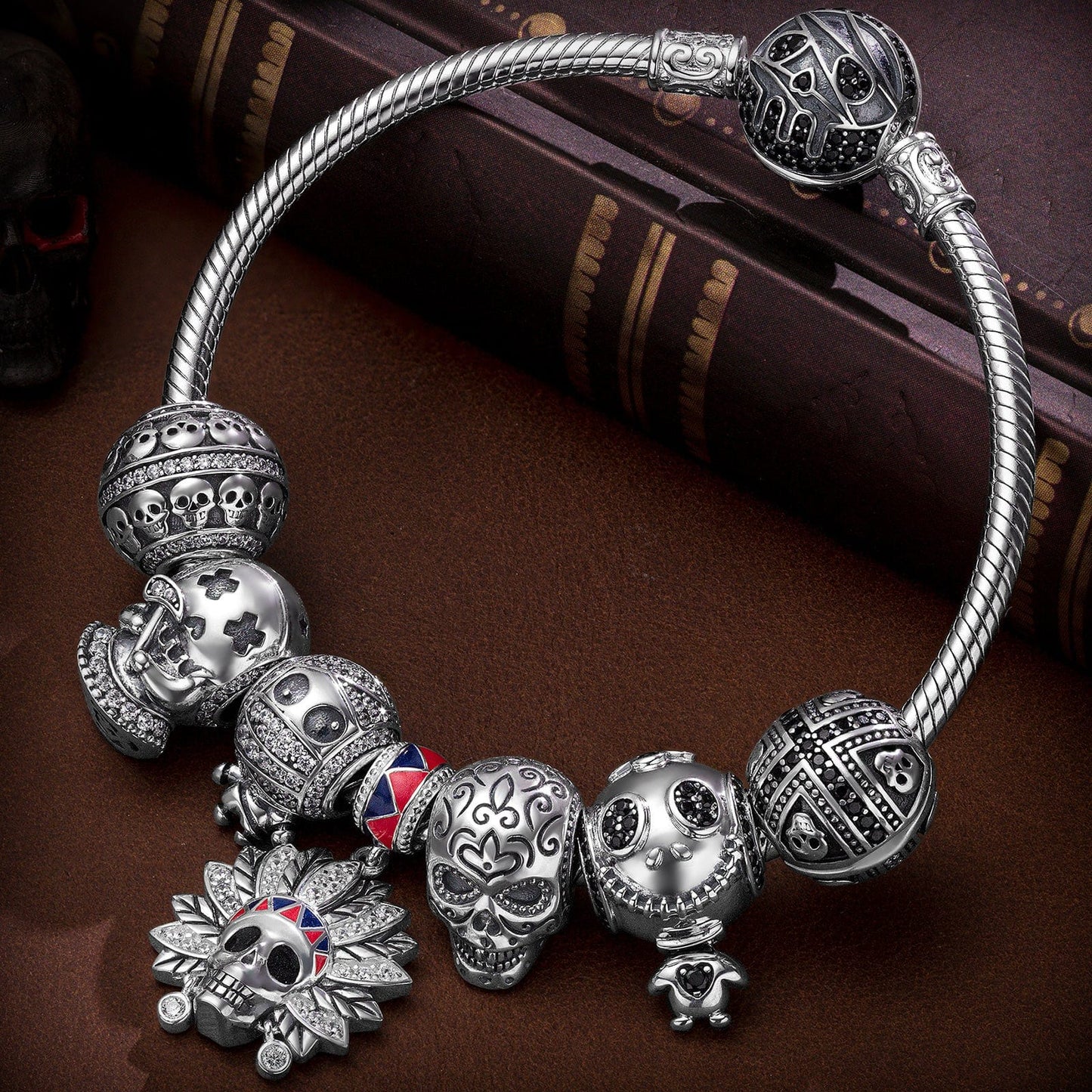 Sterling Silver Skeleton Tribe Charms Bracelet Set With Enamel In White Gold Plated