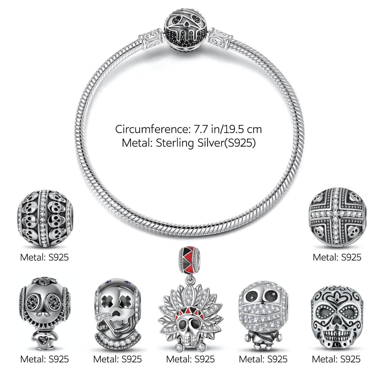 Sterling Silver Skeleton Tribe Charms Bracelet Set With Enamel In White Gold Plated