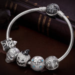 Sterling Silver Halloween Castle Charms Bracelet Set With Enamel In White Gold Plated (Includes bracelet and all charms shown)