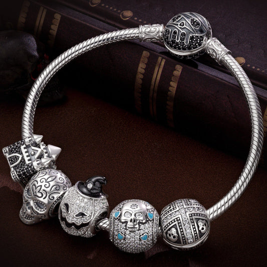 gon- Sterling Silver Halloween Castle Charms Bracelet Set With Enamel In White Gold Plated (Includes bracelet and all charms shown)