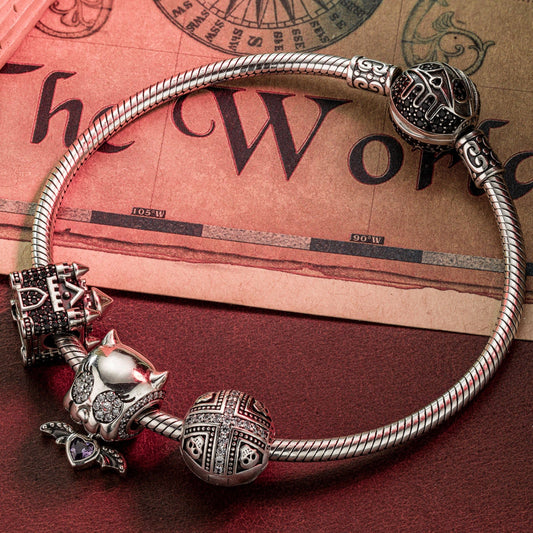 gona- Sterling Silver Elf Castle Charms Bracelet Set With Enamel In White Gold Plated (Includes bracelet and all charms shown)