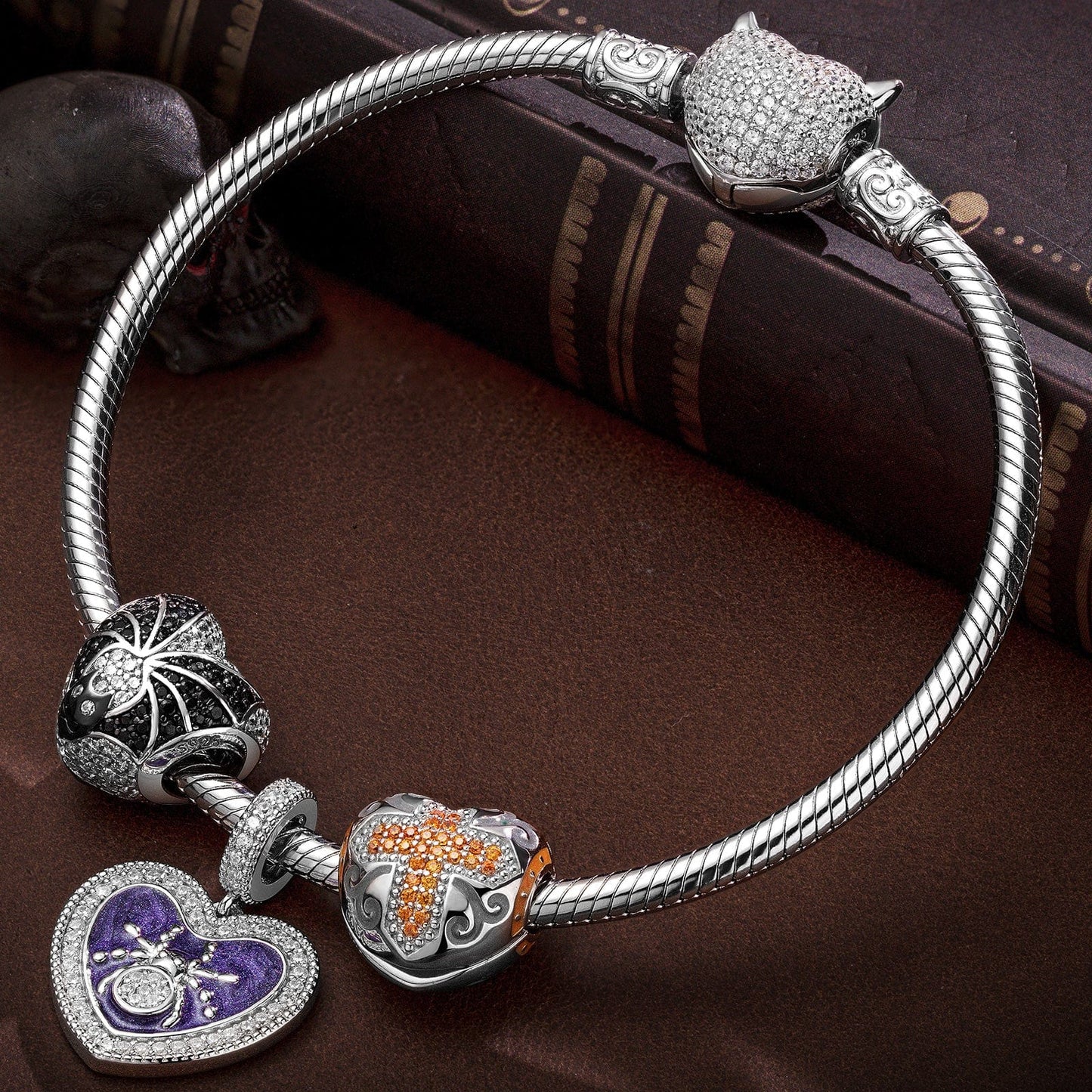 Sterling Silver Evil's Entrapment Charms Bracelet Set With Enamel In White Gold Plated (Includes bracelet and all charms shown)