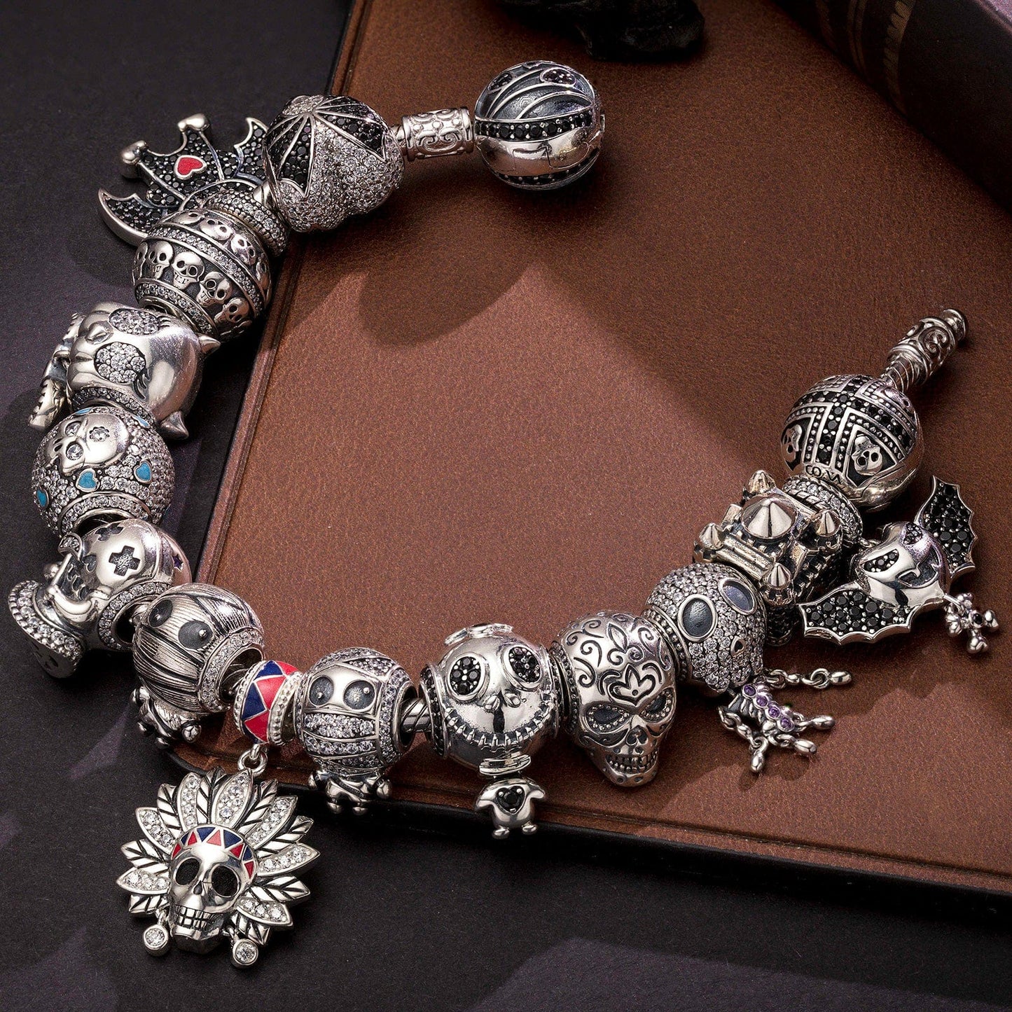 Sterling Silver The Lost Ghostdom Charms Bracelet Set With Enamel In Blackened 925 Sterling Silver