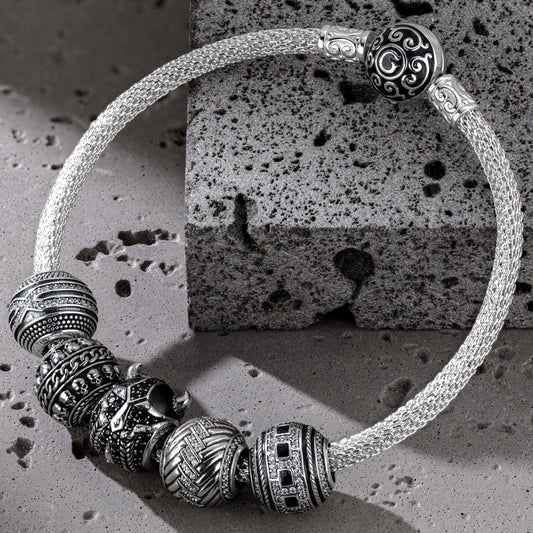 gon- Sterling Silver Skulls and Berserker XL Size Charms Bracelet Set With Enamel In White Gold Plated For Men