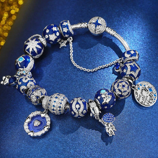 gona- Sterling Silver Keep Exploring to the Space Charms Bracelet Set With Enamel In White Gold Plated (Includes bracelet and all charms shown)