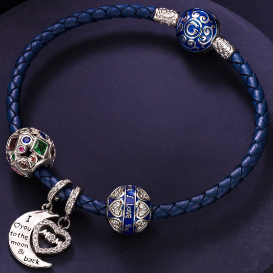 gona- Sterling Silver Love You To the Moon Charms Bracelet Set With Enamel In White Gold Plated (Includes bracelet and all charms shown)