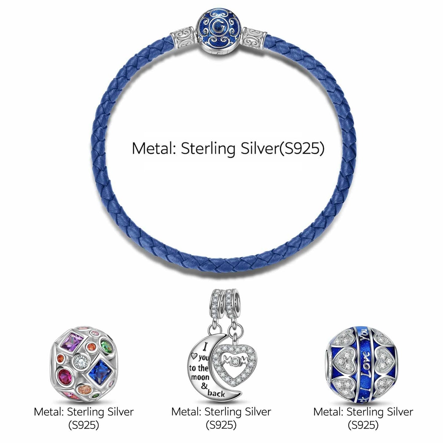 Sterling Silver Love You To the Moon Charms Bracelet Set With Enamel In White Gold Plated (Includes bracelet and all charms shown)