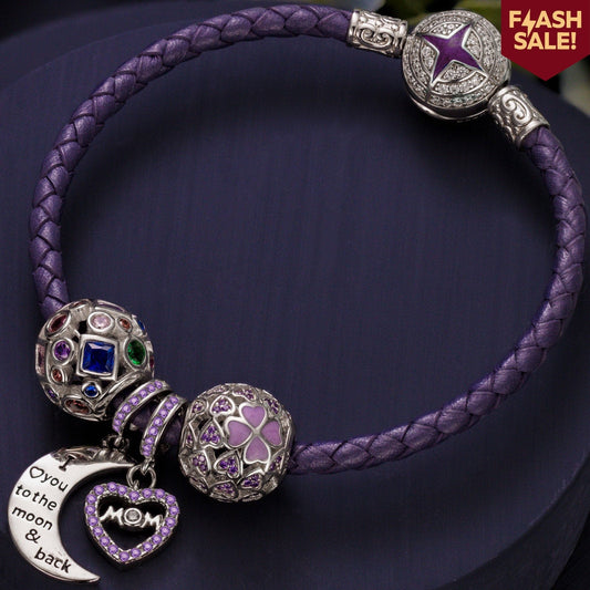 gona- Sterling Silver Love You To the Moon Charms Bracelet Set With Enamel In White Gold Plated (Includes bracelet and all charms shown)