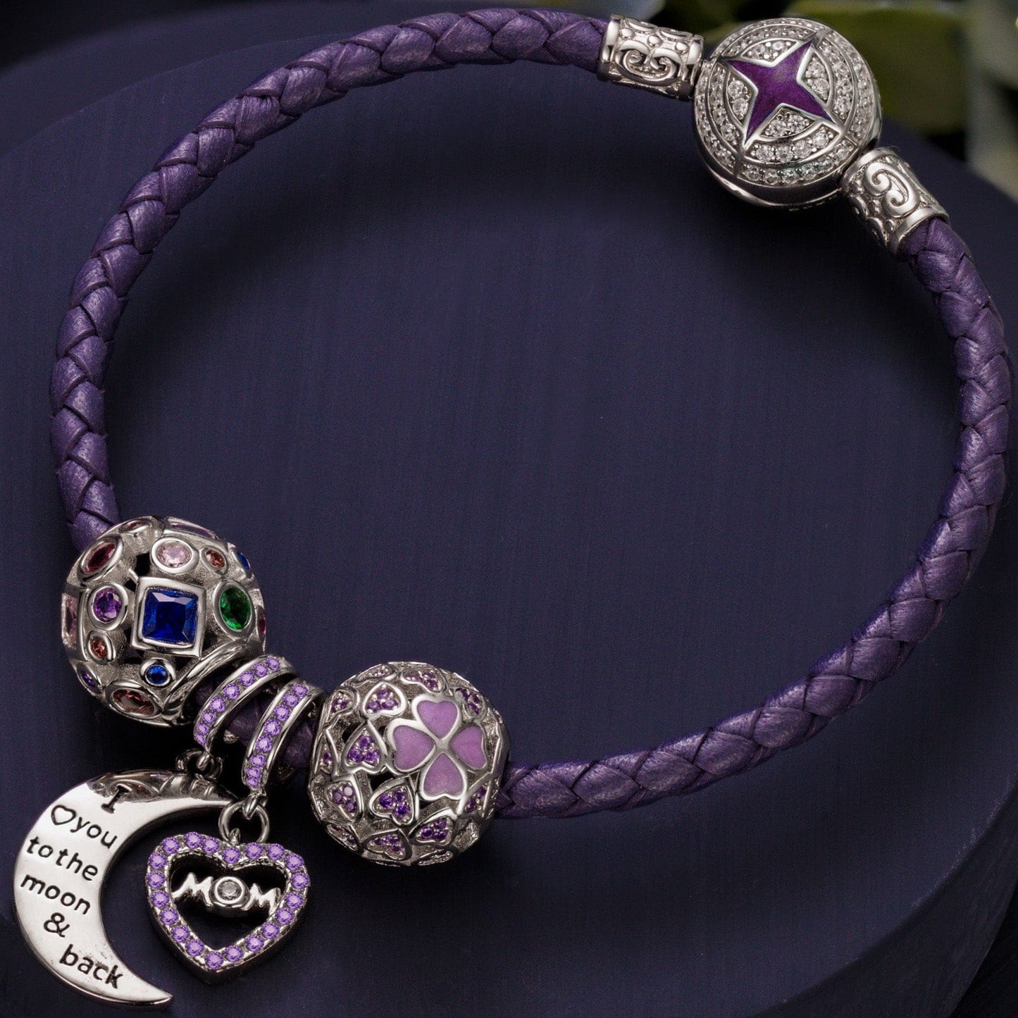 Sterling Silver Love You To the Moon Charms Bracelet Set With Enamel In White Gold Plated (Includes bracelet and all charms shown)