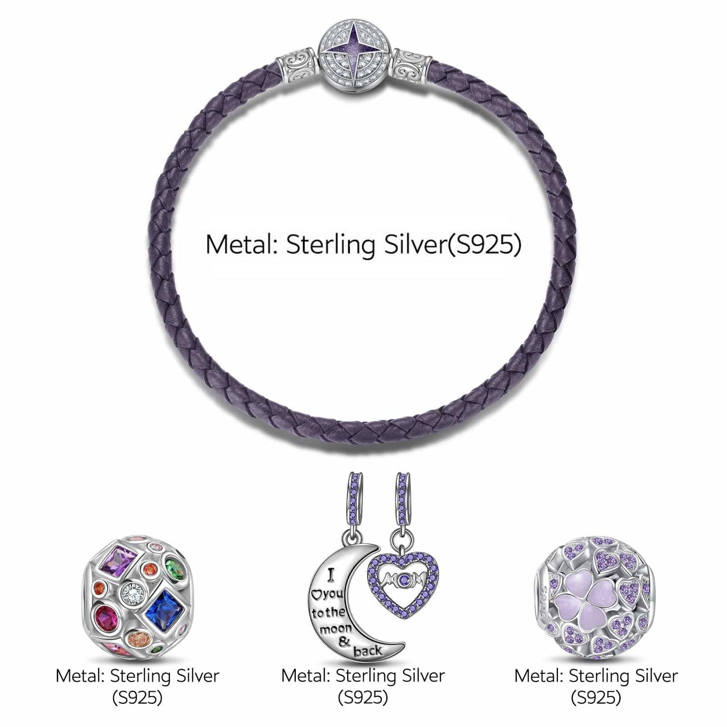 Sterling Silver Love You To the Moon Charms Bracelet Set With Enamel In White Gold Plated (Includes bracelet and all charms shown)