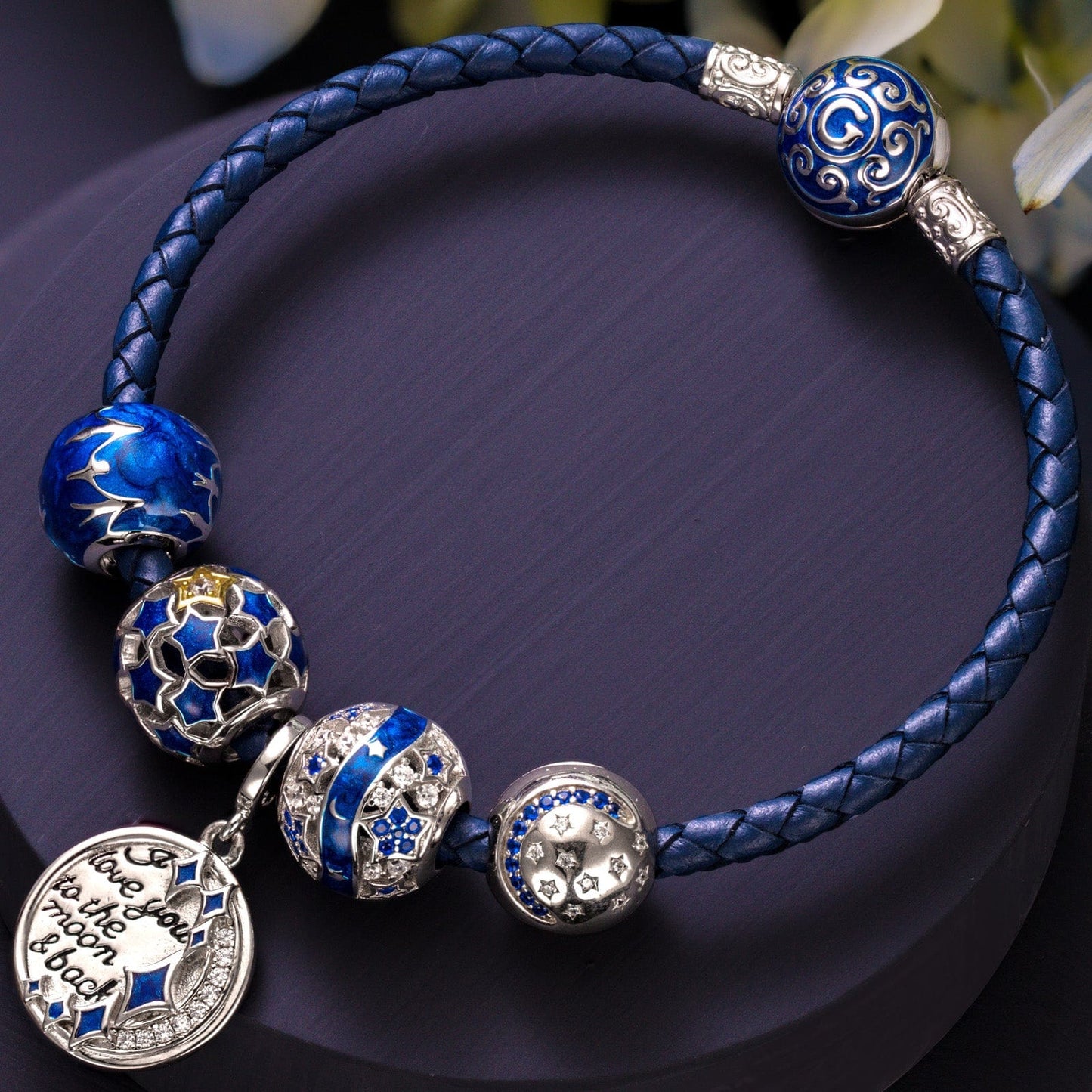 Sterling Silver My Blue Sky Charms Bracelet Set With Enamel In White Gold Plated (Includes bracelet and all charms shown)