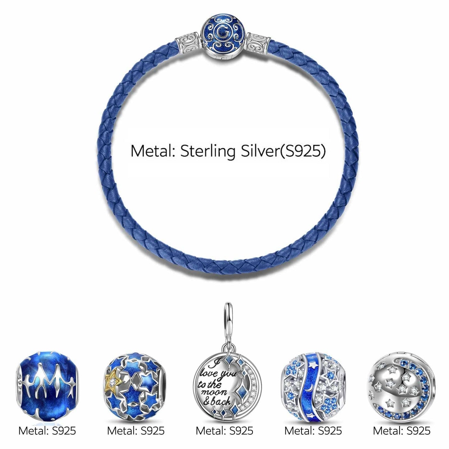 Sterling Silver My Blue Sky Charms Bracelet Set With Enamel In White Gold Plated (Includes bracelet and all charms shown)
