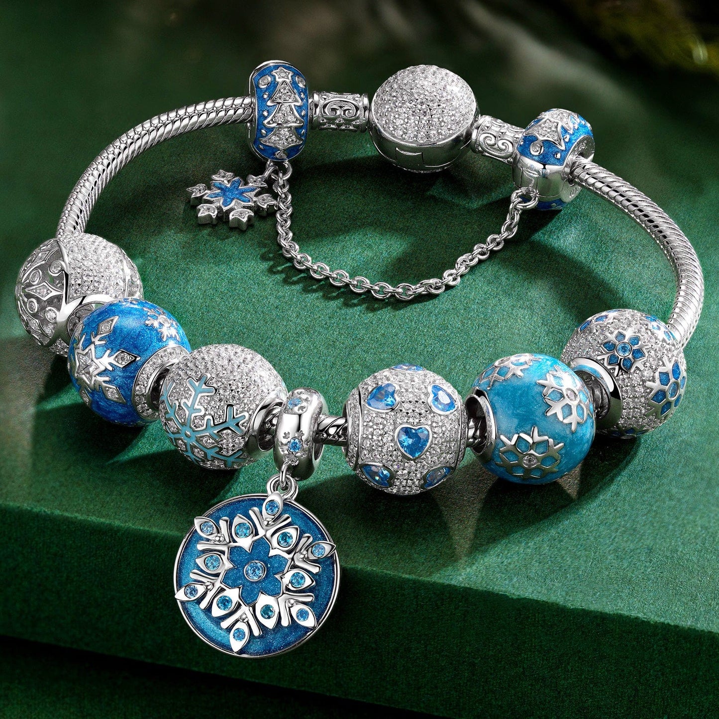 Sterling Silver Snowflake Symphony Charms Bracelet Set With Enamel In White Gold Plated (Includes bracelet and all charms shown)