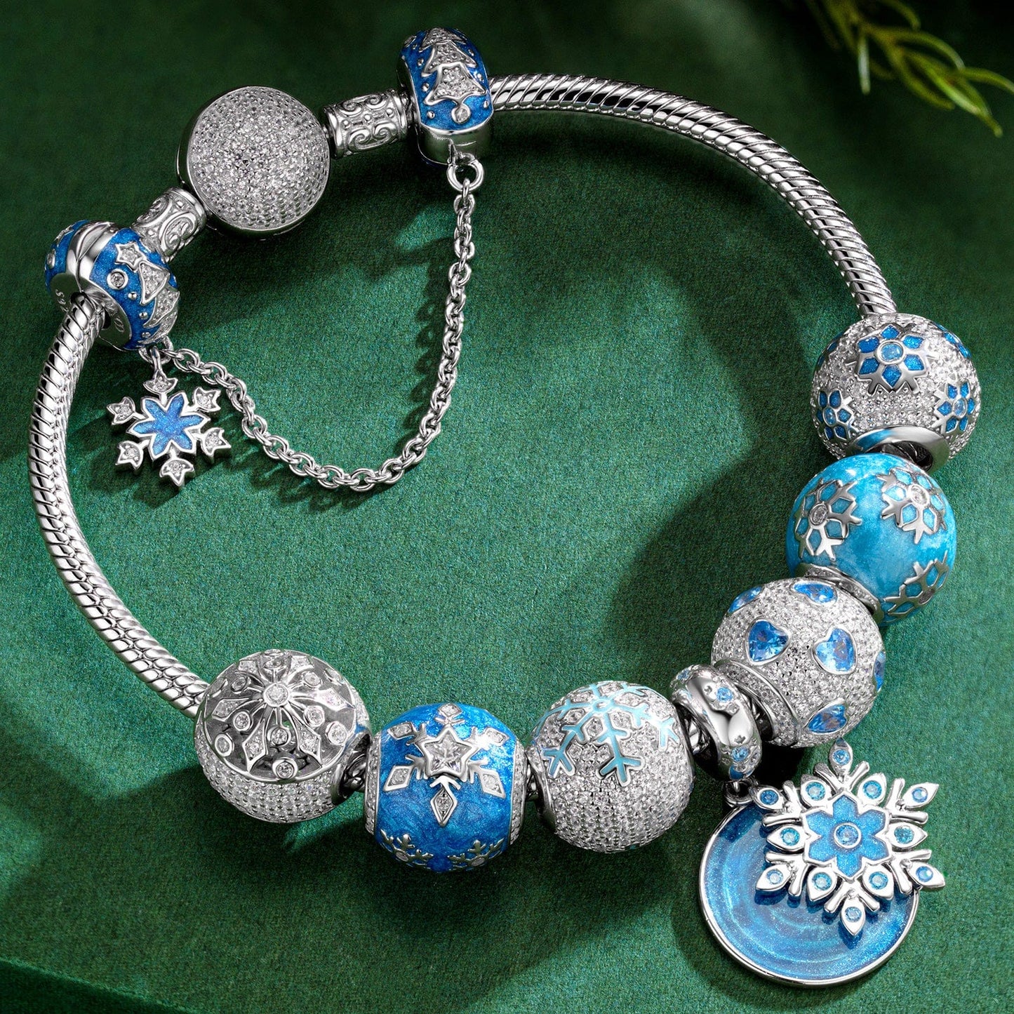 Sterling Silver Snowflake Symphony Charms Bracelet Set With Enamel In White Gold Plated (Includes bracelet and all charms shown)