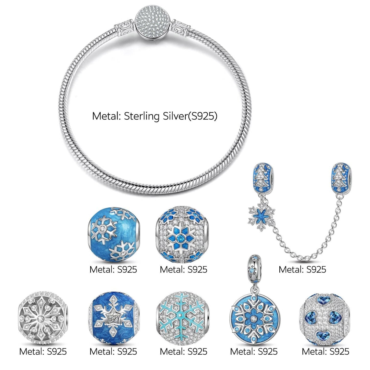 Sterling Silver Snowflake Symphony Charms Bracelet Set With Enamel In White Gold Plated (Includes bracelet and all charms shown)
