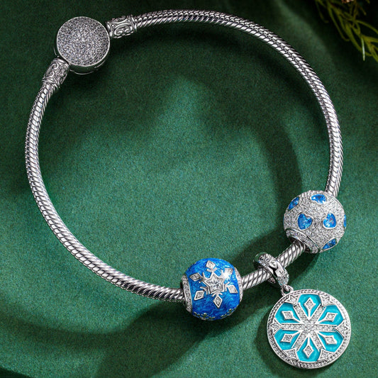 gon- Sterling Silver Crystal Snowfall Charms Bracelet Set With Enamel In White Gold Plated
