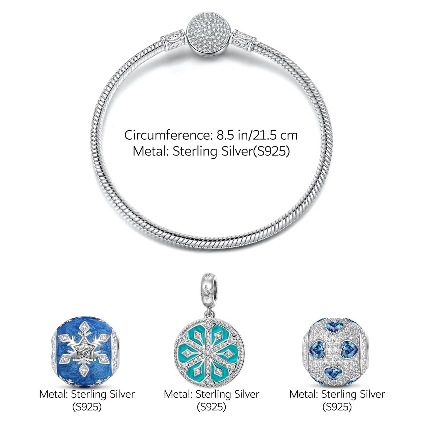 Sterling Silver Crystal Snowfall Charms Bracelet Set With Enamel In White Gold Plated (Includes bracelet and all charms shown)