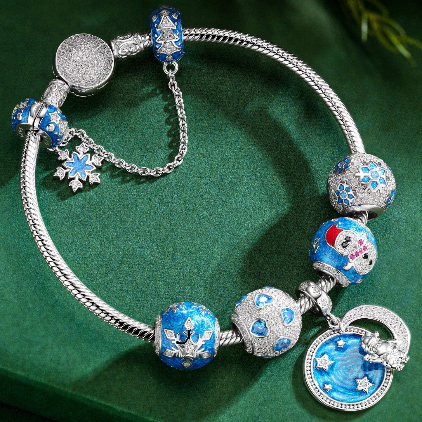 Sterling Silver Frozen Enchantment Charms Bracelet Set With Enamel In White Gold Plated