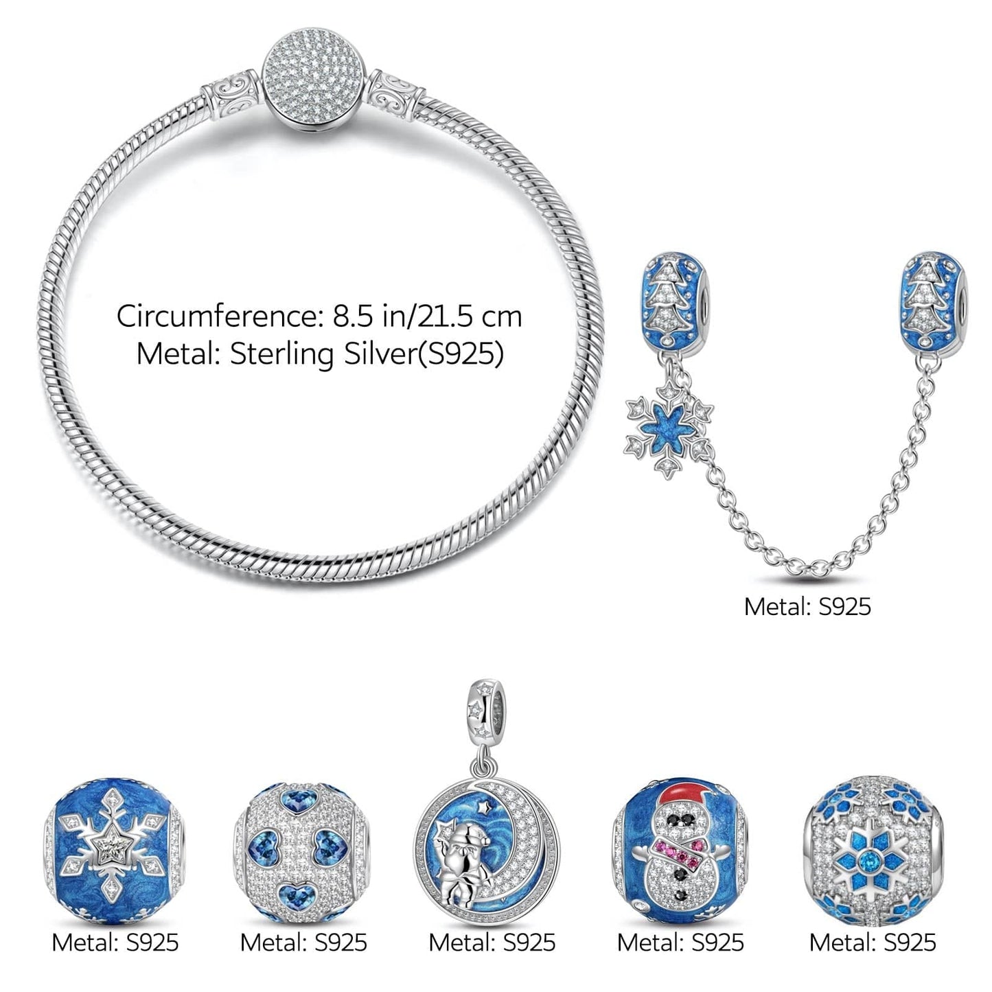 Sterling Silver Frozen Enchantment Charms Bracelet Set With Enamel In White Gold Plated (Includes bracelet and all charms shown)