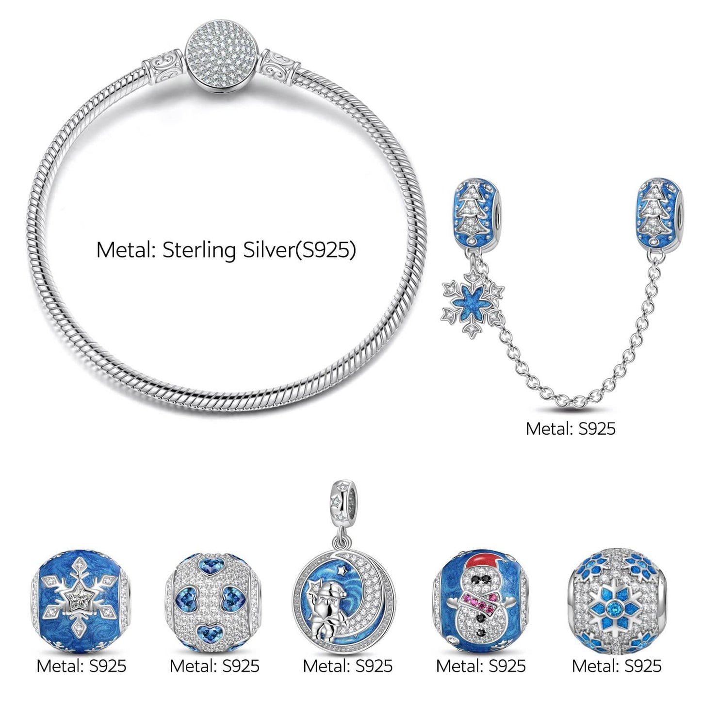 Sterling Silver Frozen Enchantment Charms Bracelet Set With Enamel In White Gold Plated (Includes bracelet and all charms shown)