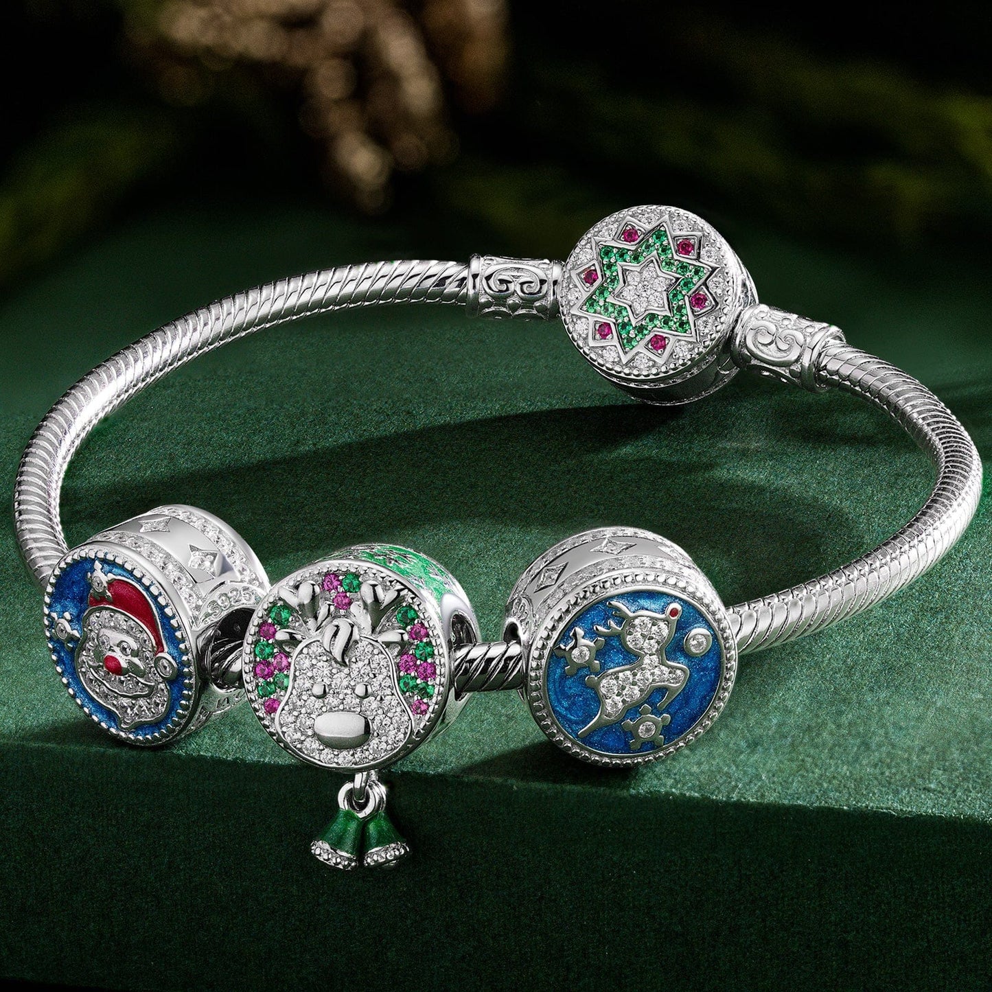 Sterling Silver Snowy Christmas Charms Bracelet Set With Enamel In White Gold Plated (Includes bracelet and all charms shown)