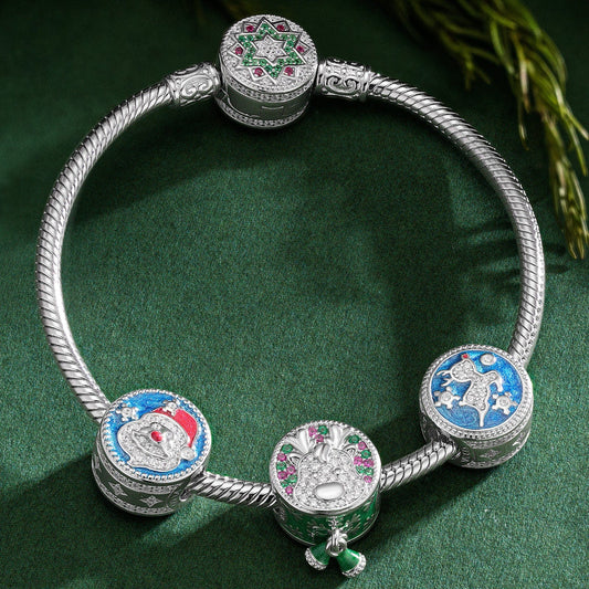gon- Sterling Silver Snowy Christmas Charms Bracelet Set With Enamel In White Gold Plated