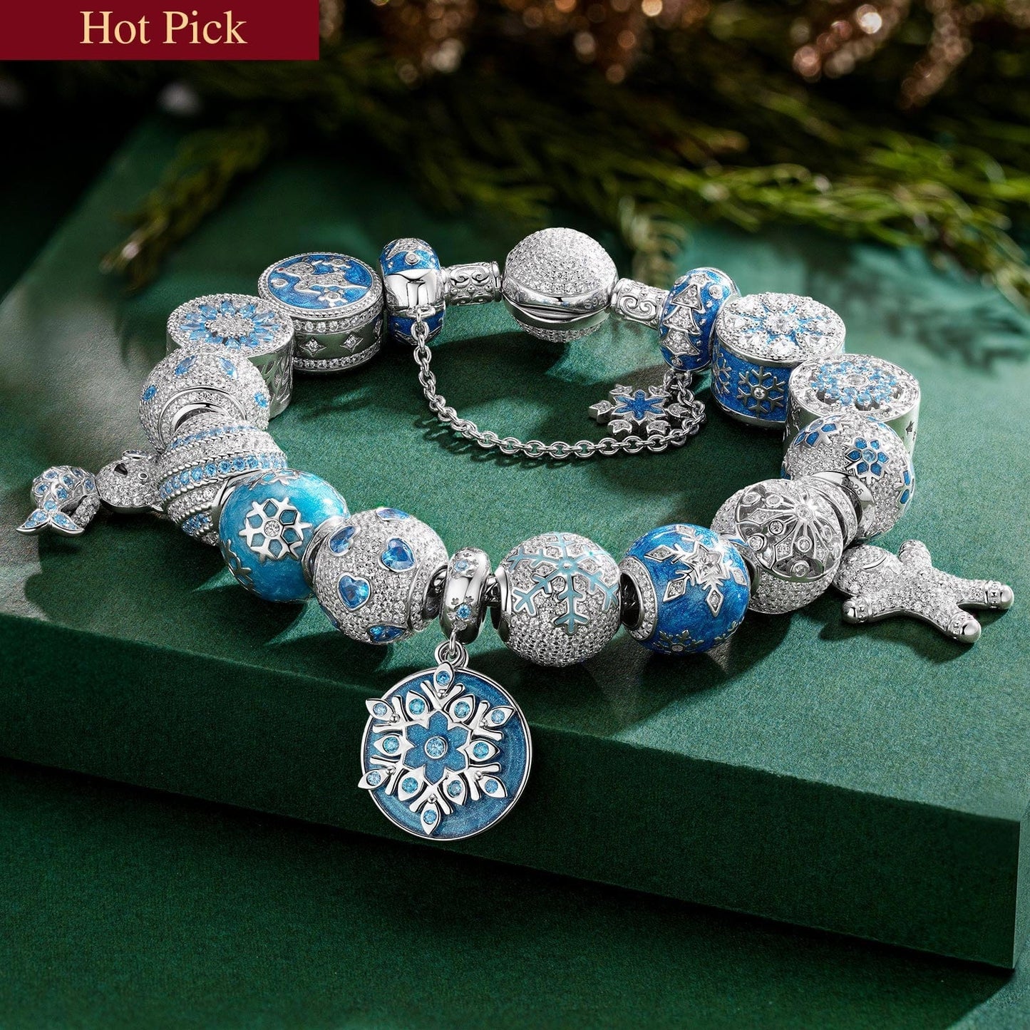 Sterling Silver Snow Queen's Delight Charms Bracelet Set With Enamel In White Gold Plated