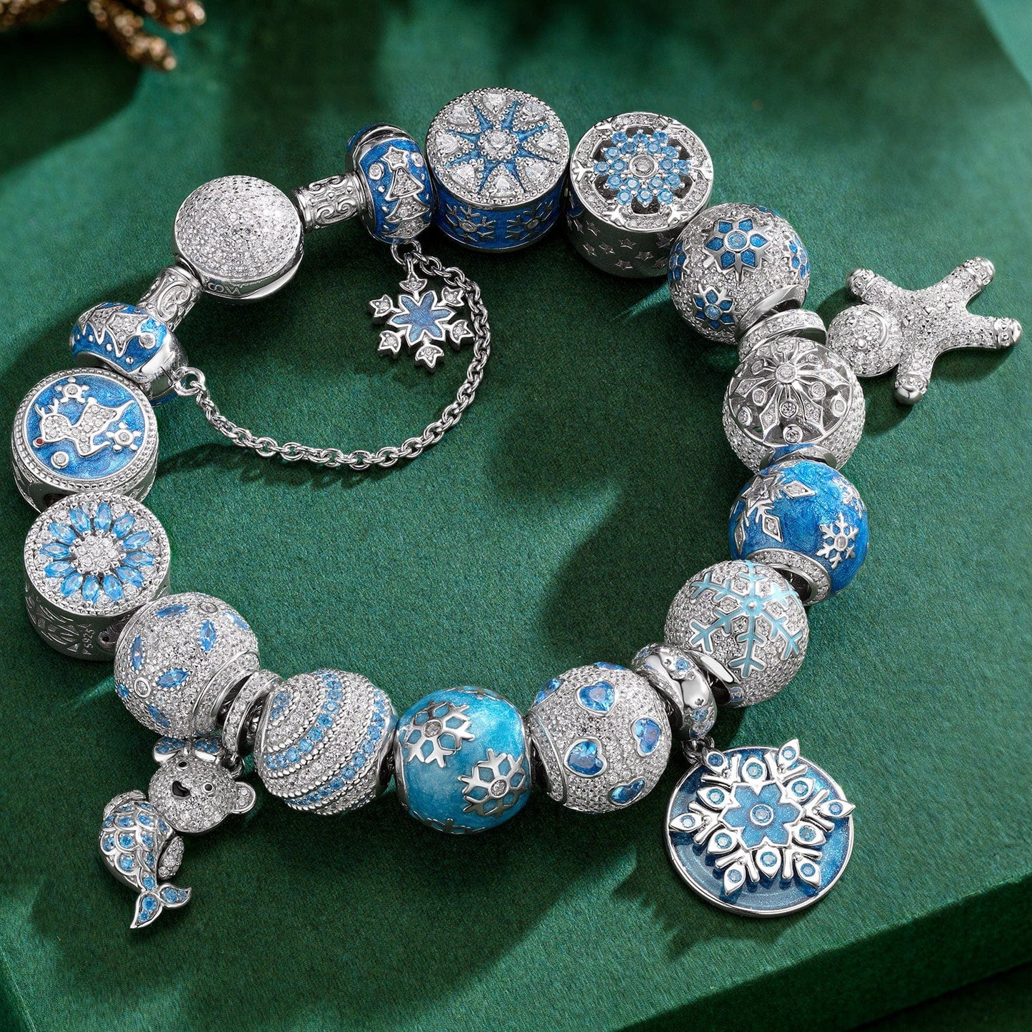 Sterling Silver Snow Queen's Delight Charms Bracelet Set With Enamel In White Gold Plated (Includes bracelet and all charms shown)