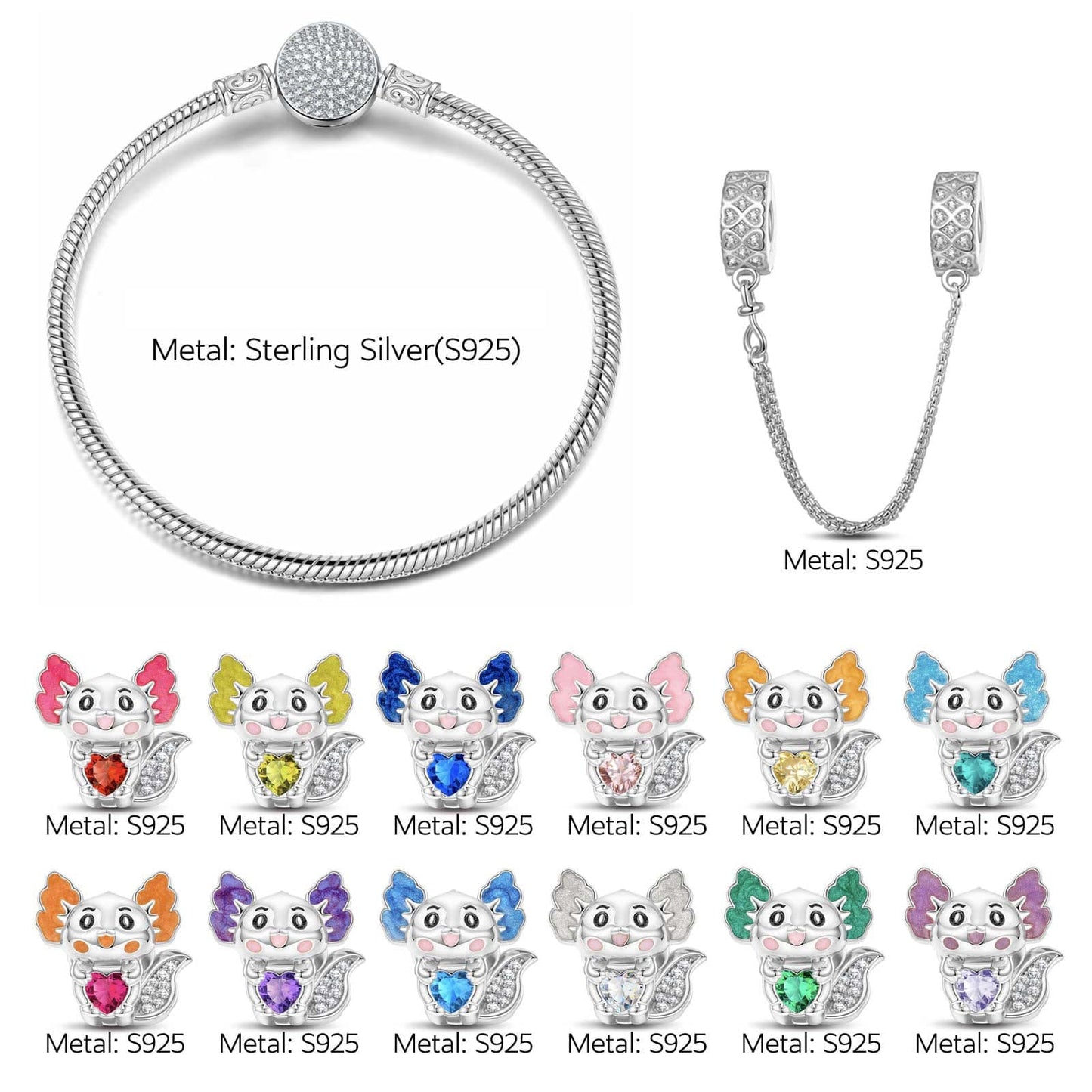 Sterling Silver 12 Month Birthstone Lovely Axolotl Animals Charms Bracelet Set With Enamel In White Gold Plated - Heartful Hugs Collection (Includes bracelet and all charms shown)
